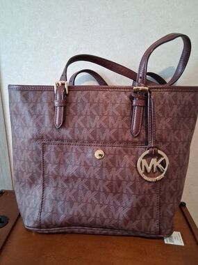 Michael Kors Brown MK Signature Tote with Gold-Tone Charm- Bucket BAG